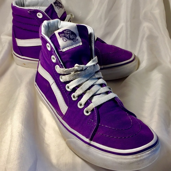 purple and white high top vans